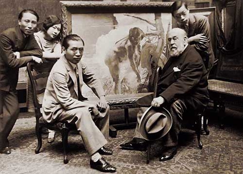 1930年,张弦(左1)、张韵士(左2)、刘海栗(左3)、傅雷(右1)、拜访巴黎美术学院