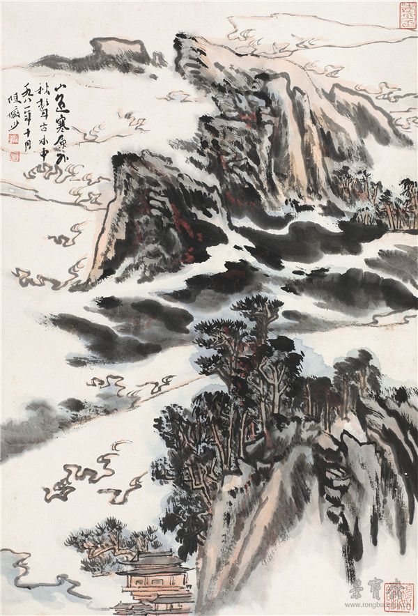 *55陆俨少1909-1993 秋山萧寺 设色纸本立轴