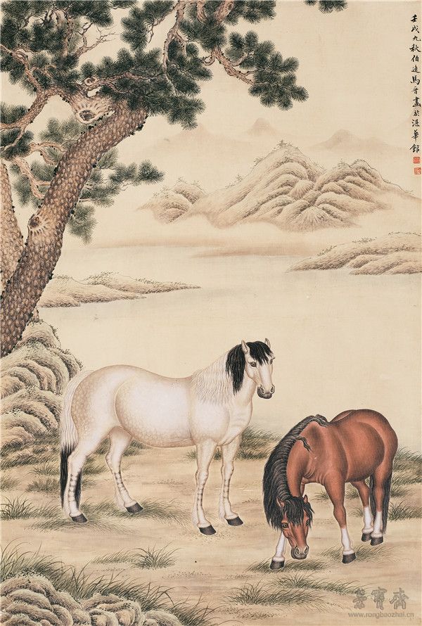 *81马晋1898-1970 松下双骏 设色纸本立轴