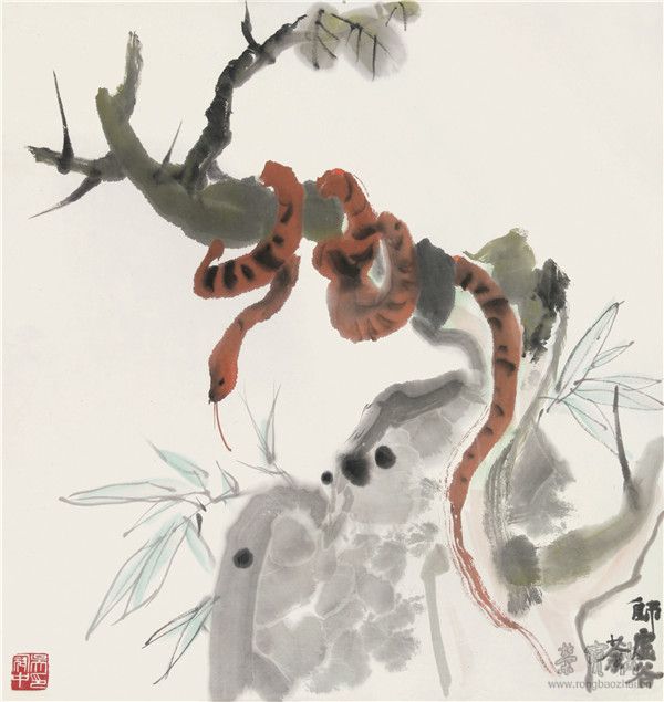 *74吴冠中1919-2010 仿虚谷蛇 设色纸本镜心