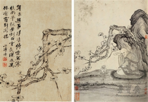 《百开罗汉图册》第62开(右)与广州博物馆藏《山水花卉册》第2开（左）中梅树的对比