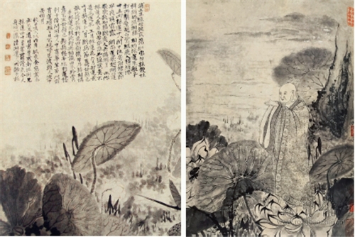 《百开罗汉图册》第86开(右)与上海博物馆藏《蒲塘秋影图》（局部）中荷花的对比