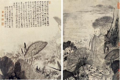 《百开罗汉图册》第86开(右)与上海博物馆藏《蒲塘秋影图》(局部)中荷花的对比