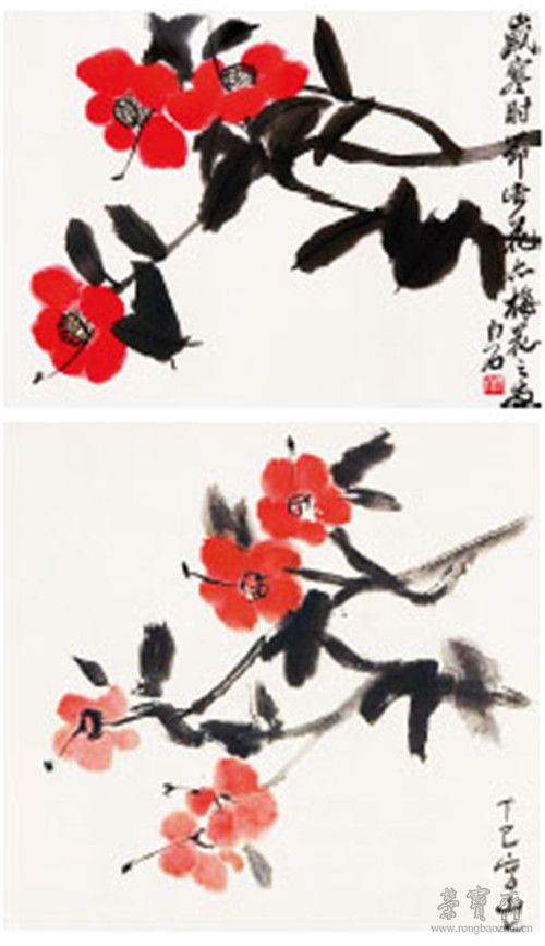 关良以齐白石《山茶花》(上图)为本创作的《山茶花》(下图),局部