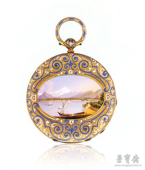 珐琅微绘怀表,瑞士日内瓦,约1850年。该怀表为金质表壳,装饰内填珐琅和珐琅微绘(日内瓦风光,大教堂,莫勒河和萨莱沃山,背景为勃朗峰),金质表盘经雕镂和镌刻加工