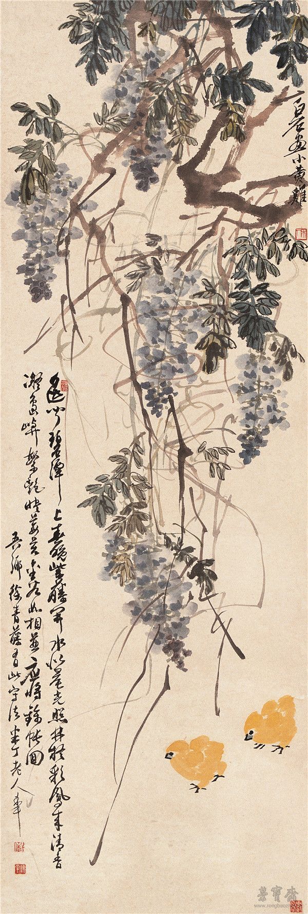 齐白石、陈半丁 紫藤雏鸡图 118cm×40cm