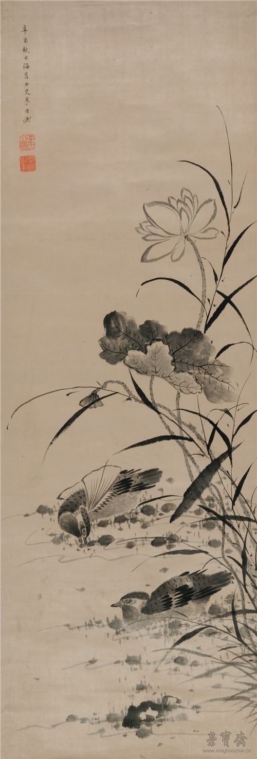 明 李因 荷花鸳鸯图 149.5cm×51.5cm 纸本水墨 南京博物院藏