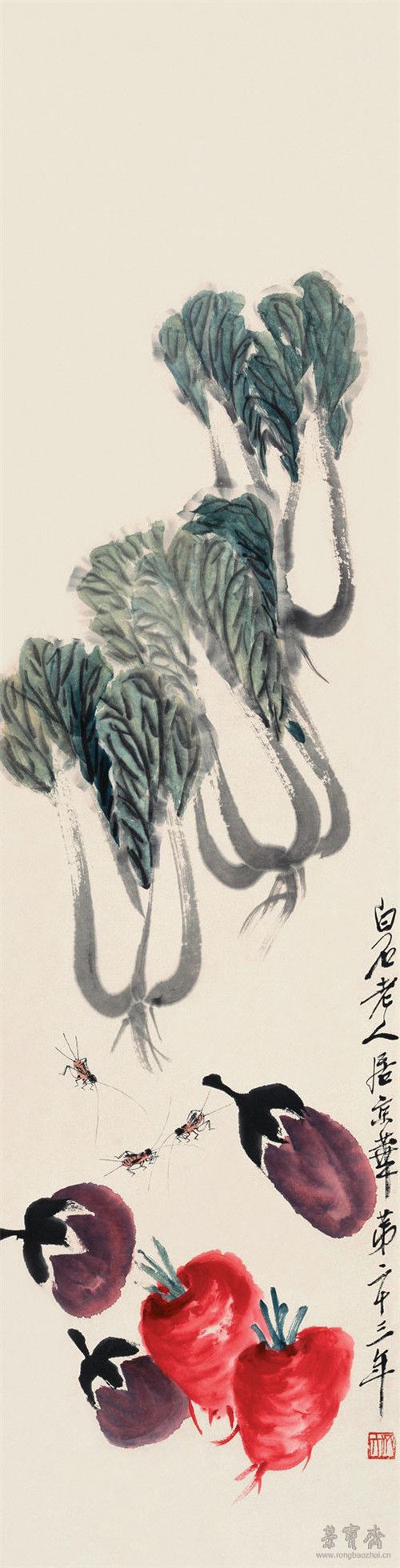 齐白石 蔬菜蟋蟀 133cm×33.5cm 纸本设色 1937年 北京画院藏