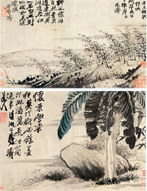 清 石涛 书画合璧册八开之一、二