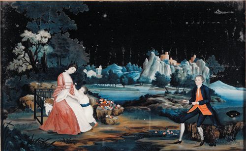 佚名中国画家 詹姆士•欧格尔维船长及其妻女玻璃背画 18世纪晚期