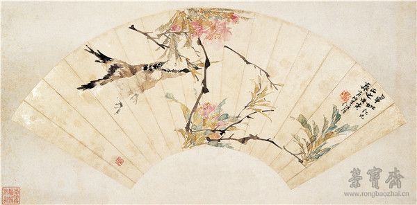 任伯年《鸣春图扇》18.7cm×54.3cm 1878年