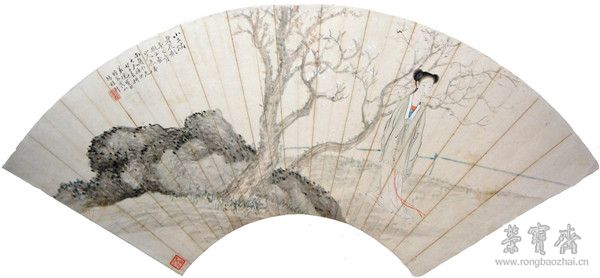 倪田《花影图扇》18.7cm×52.7cm