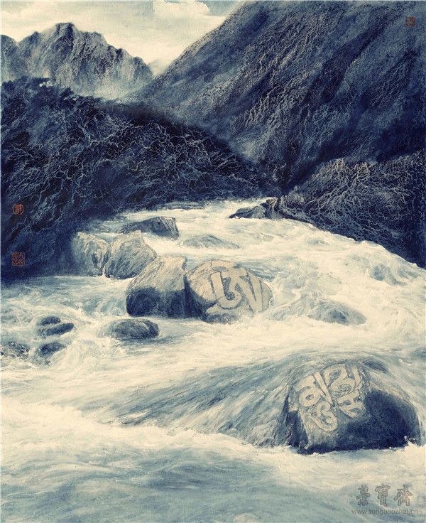 《流淌的玛尼经的河流——青海玉树勒巴沟》 65cmx53cm 纸本颜彩 2014年作
