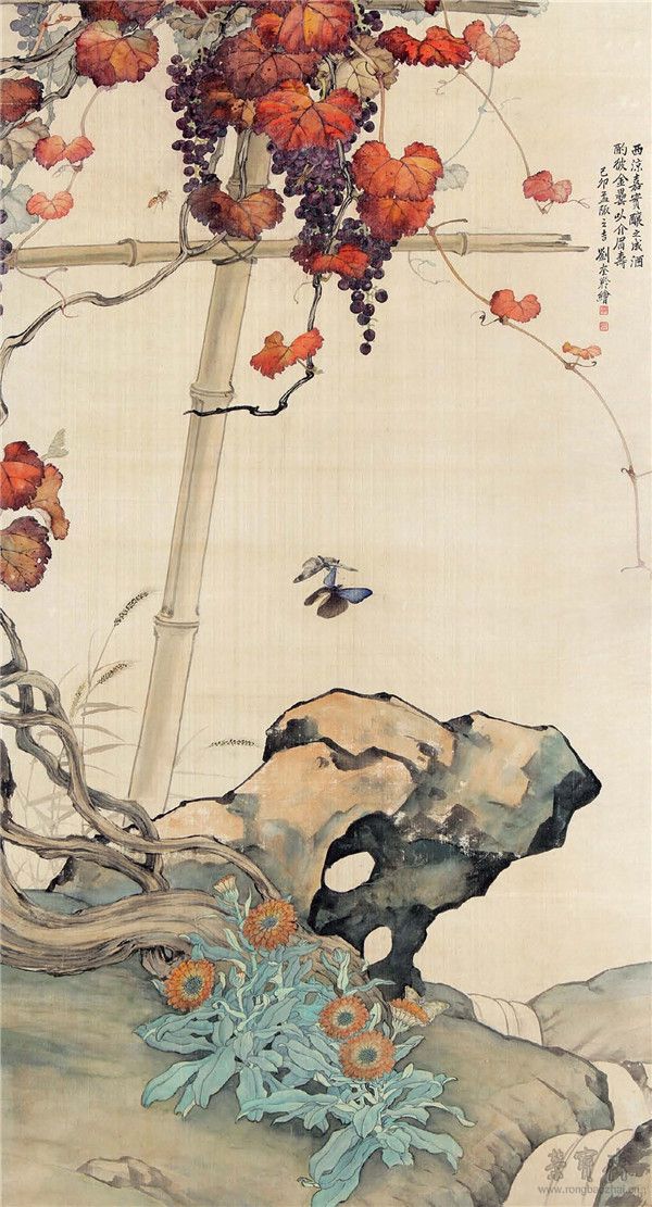 刘奎龄 花蝶葡萄图 53cm×100cm 1939 天津博物馆藏刘奎