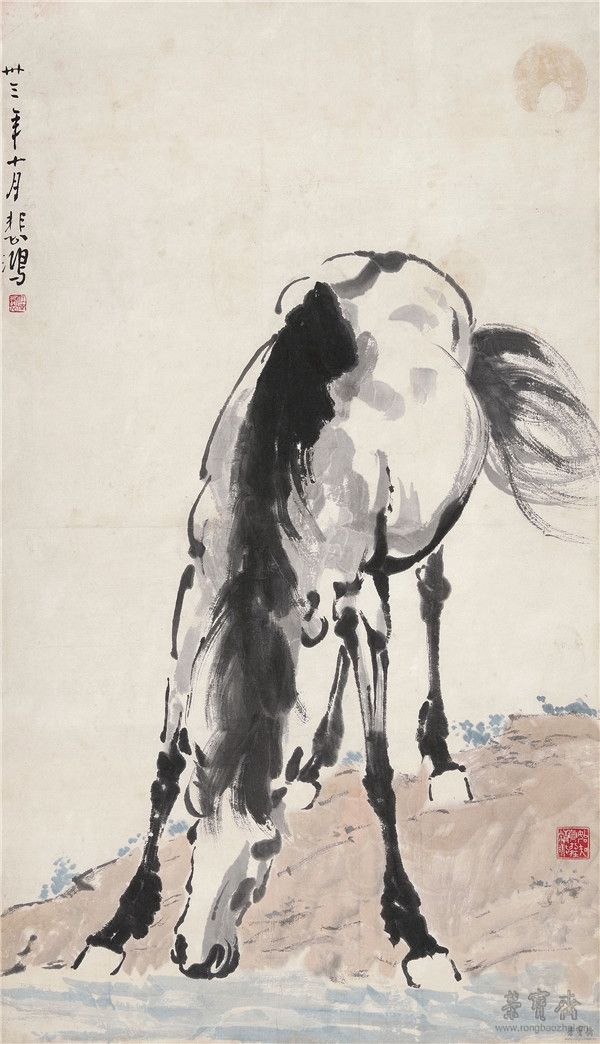 ​徐悲鸿1895-1953饮马图 设色纸本立轴 98×56cm约4.9平尺