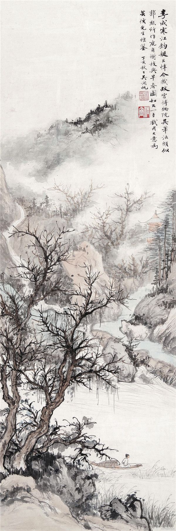 吴湖帆 1894-1968 寒江钓艇图 设色纸本 立轴 98×32.5cm 约2.9平尺