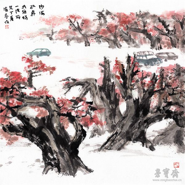萧海春  沙海红柳　设色纸本  69cm×69cm