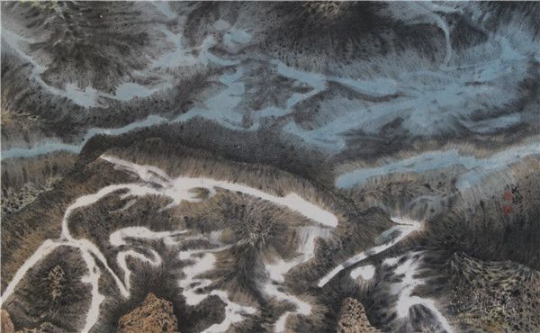 陈成球  锥沙漏痕之都市水墨　设色纸本  58cm×96cm