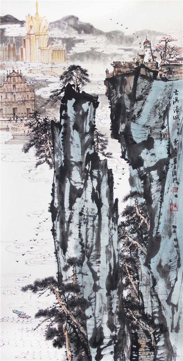黎鹰  古澳濠城　设色纸本  136cm×69cm