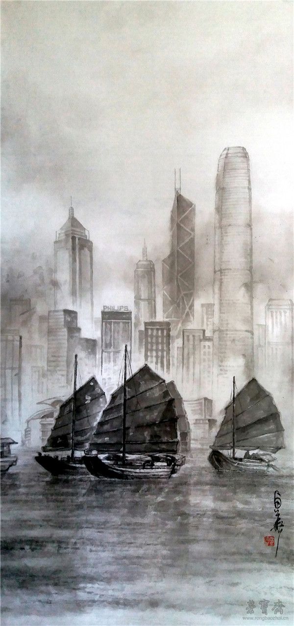 李惠华  维港帆影　设色纸本  130cm×69cm