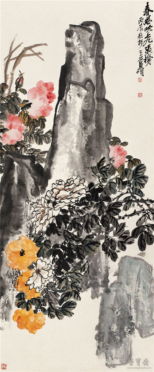 春风牡丹图 纸本设色 1916年 124.7cm×51.8cm