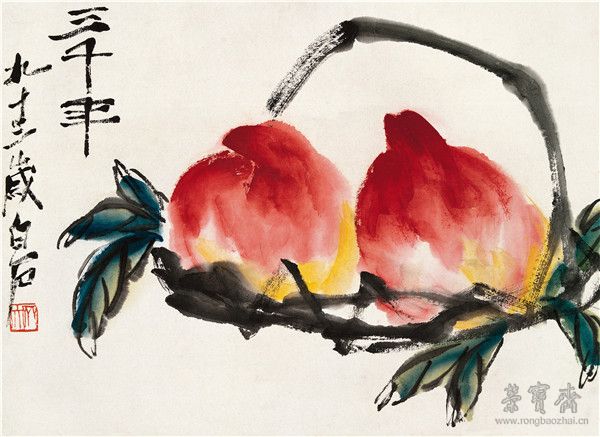 双寿图 纸本设色 1953年　48cm×35cm