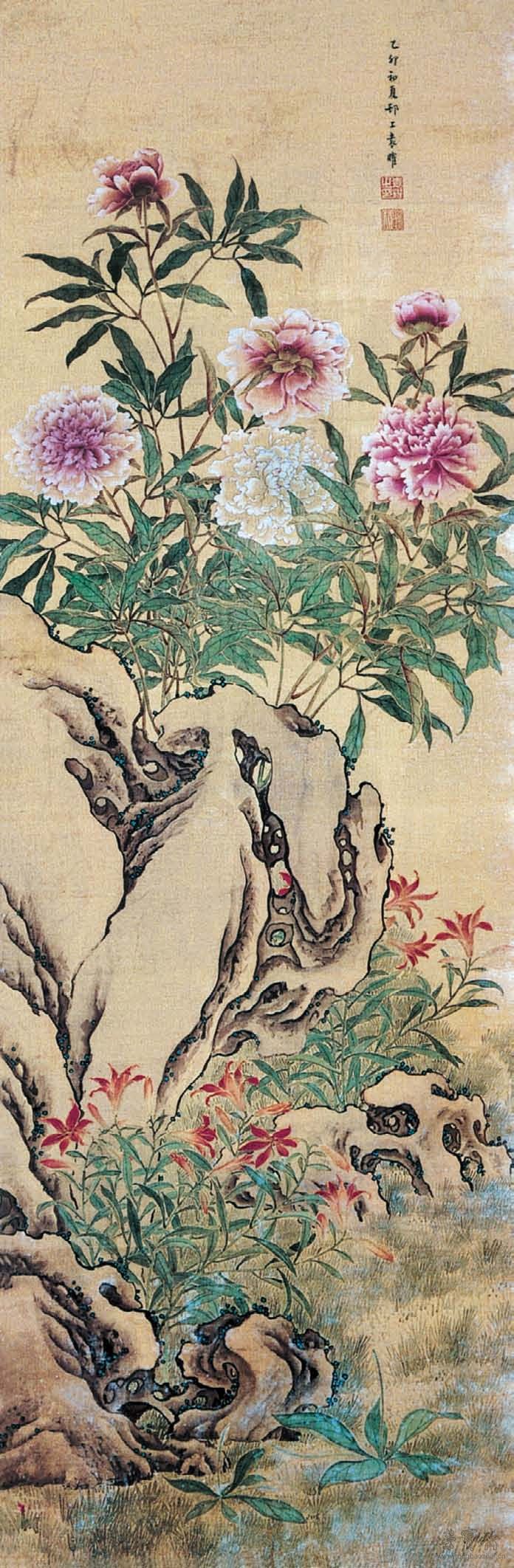 清 袁耀 芍药萱石图