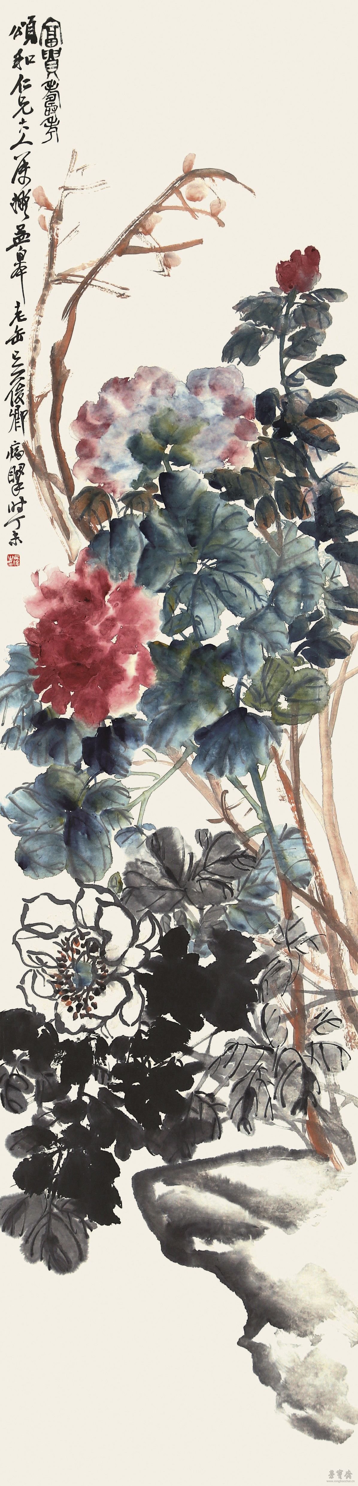 富贵寿考 设色纸本 172cm×42cm 创作年代:1907年