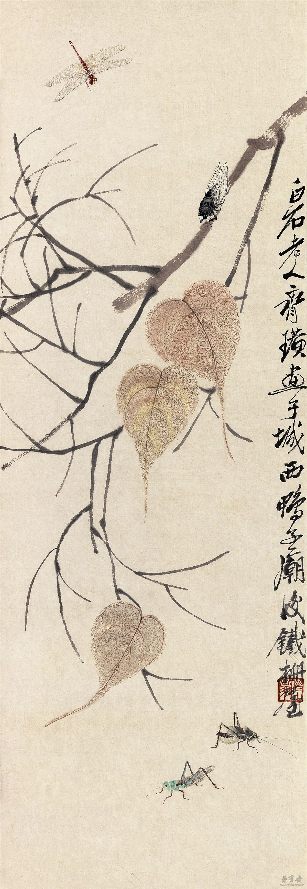贝叶草虫 设色纸本 96cm×33cm