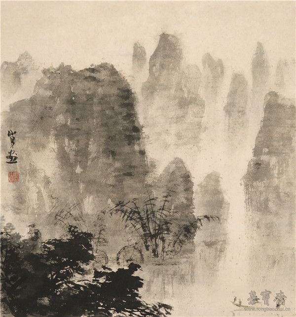 关山月 漓江烟雨 51cm×47.6cm 约1963 年 广州艺术博物院藏