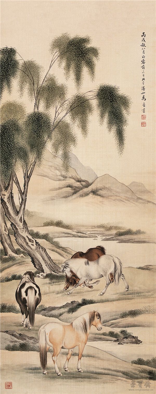 马晋 《四马图》 131.5cm×52cm 1900-1970