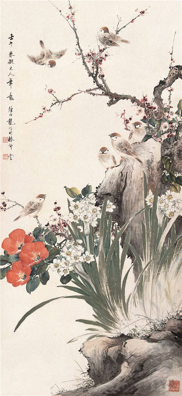 颜伯龙 　《群雀闹春图》　101.2cm×46cm　1898-1954