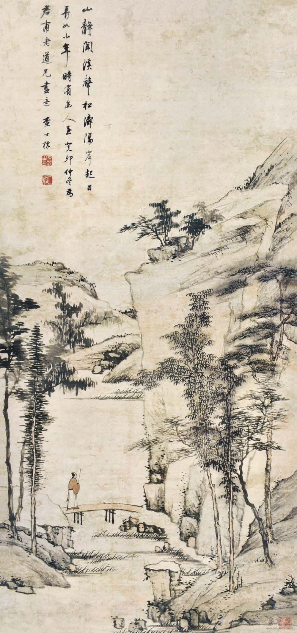 清 查士标 曳杖过桥图 61.5cm×131.9cm 1663 安徽博物院藏