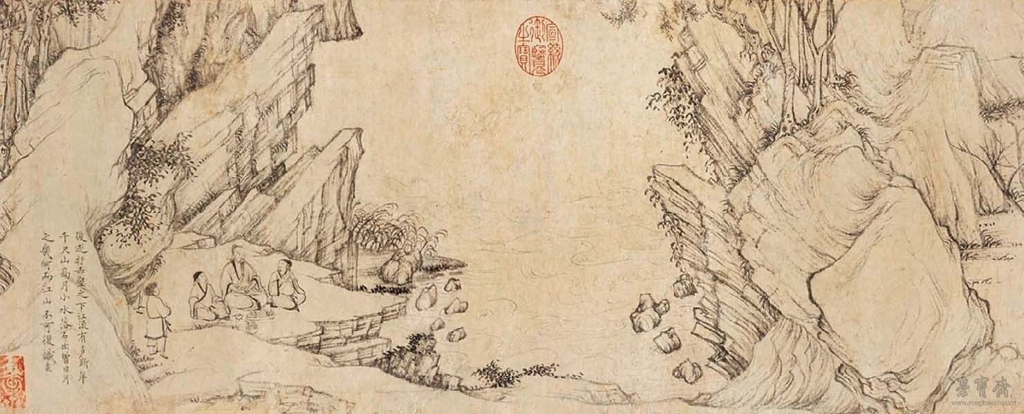 图二 北宋 乔仲常 后赤壁赋图 局部：“江流有声，断岸千尺；山高月小，水落石出”