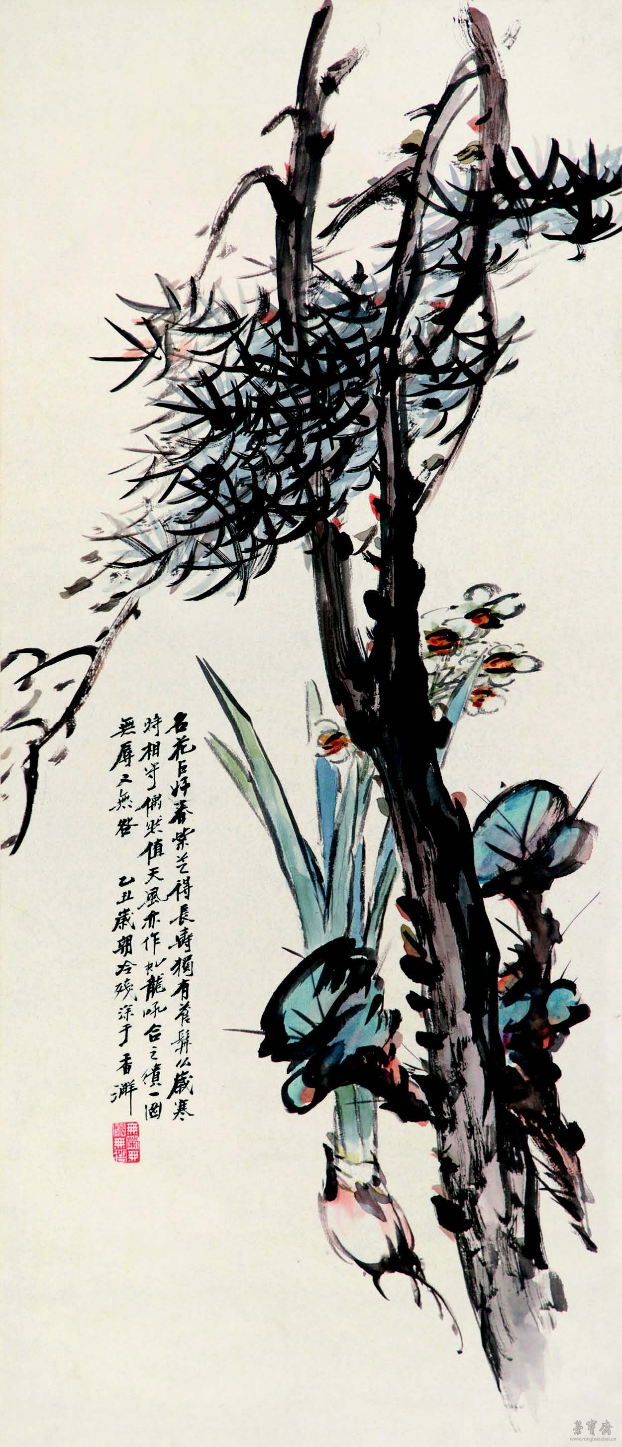 潘达微 松树水仙图 89cm×38cm 纸本设色 广东省博物馆藏