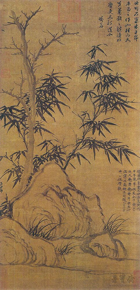 图4 元 赵孟 窠木竹石图 99.4cm×48.2cm 绢本设色 台北『故宫博物院』藏