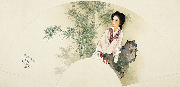  王叔晖 （1912—1985） 红颜翠竹图扇 17.5cm×54cm   