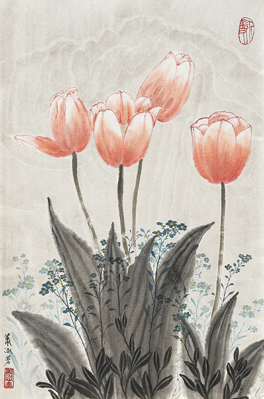 萧淑芳  《郁金香》  设色纸本 镜心  51×34cm  钤印:萧淑芳画,人