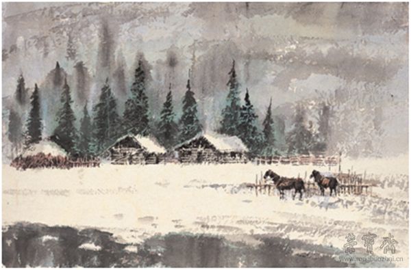 沈平　远方的山村　纸本水墨
