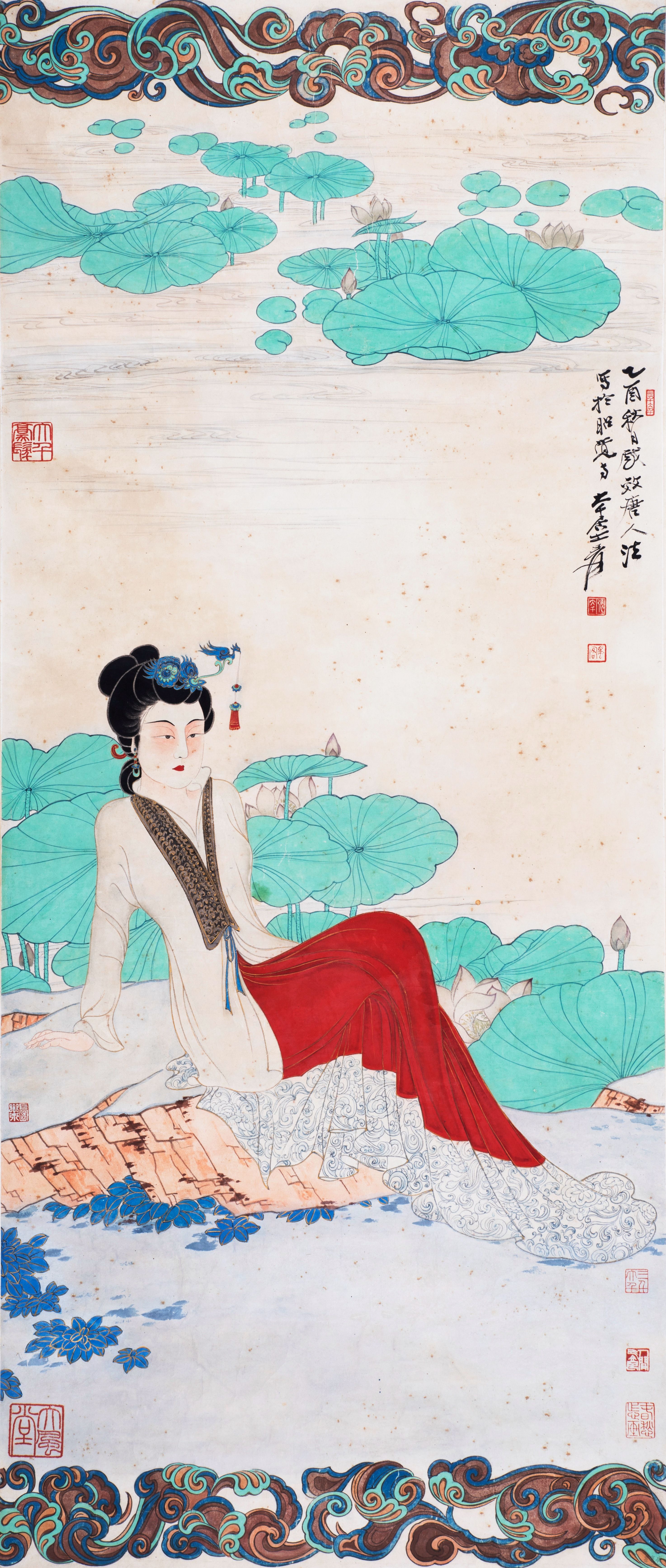 张大千  荷塘仕女