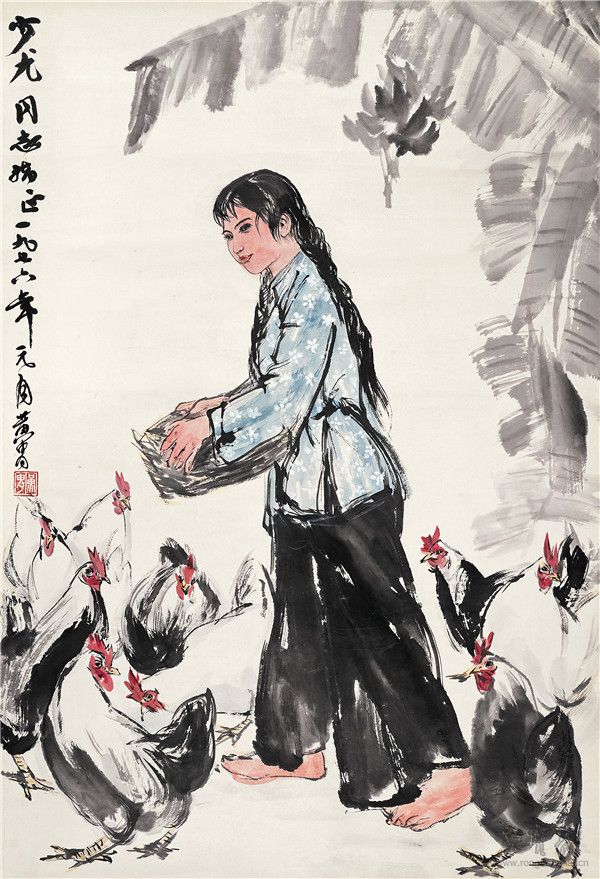 黄胄 1925-1997  喂鸡图