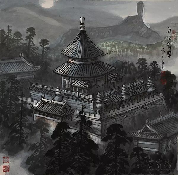 苗重安  月下普乐寺  68x68cm